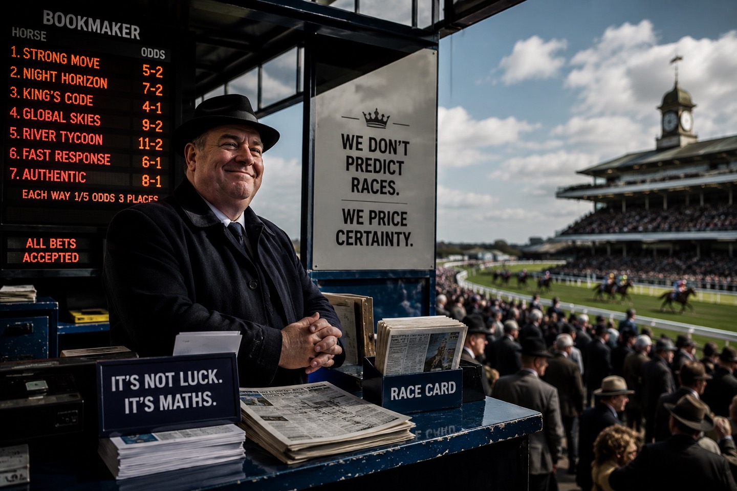 A bookmaker stands smiling behind his stand at a racecourse. His board lists runners and prices, and two signs read: we don't predict races, we price certainty; and it's not luck, it's maths.